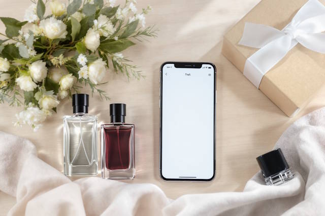 קונספט קניות מקוונות עם בקבוקי בושם, סמארטפון וקופסת משלוח